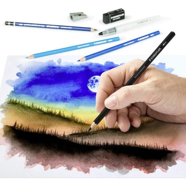 Staedtler Farveblyant til akvareltegning - st med 12 - 1 vandpensel - 1 viskelder og 1 spidser